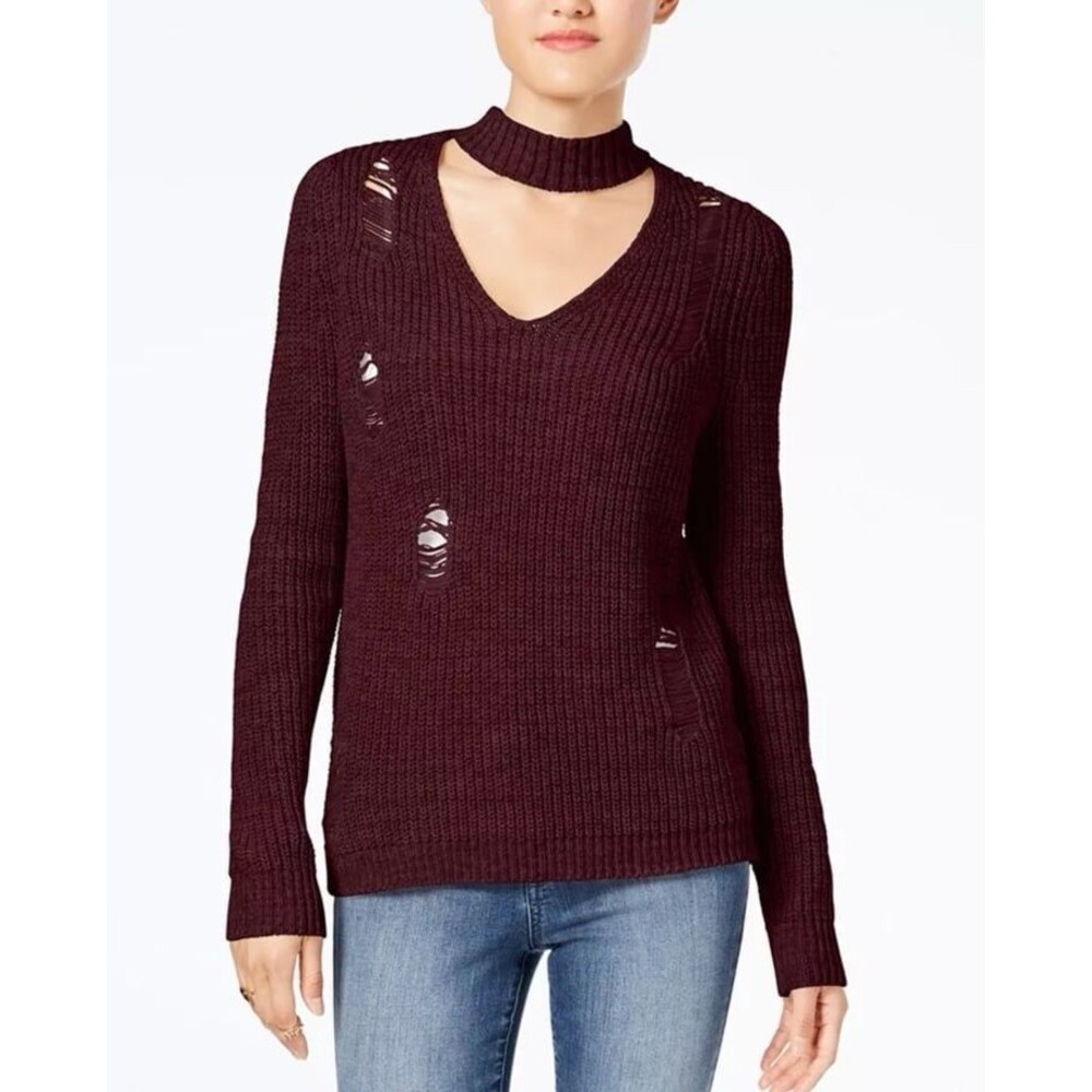 Almost Famous Crave Fame Plum Wine Burgundy Ripped Distressed Choker Sweater  XS